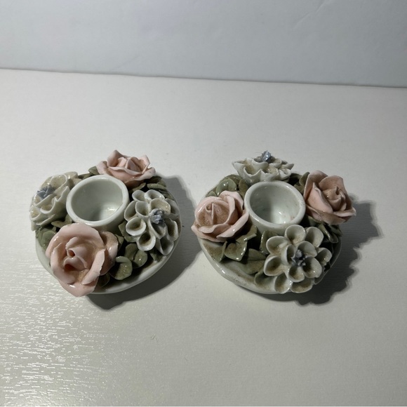 Rose Candle Holders Ceramic Pink And White  Pink Glitter Candles Vintage - Picture 4 of 7